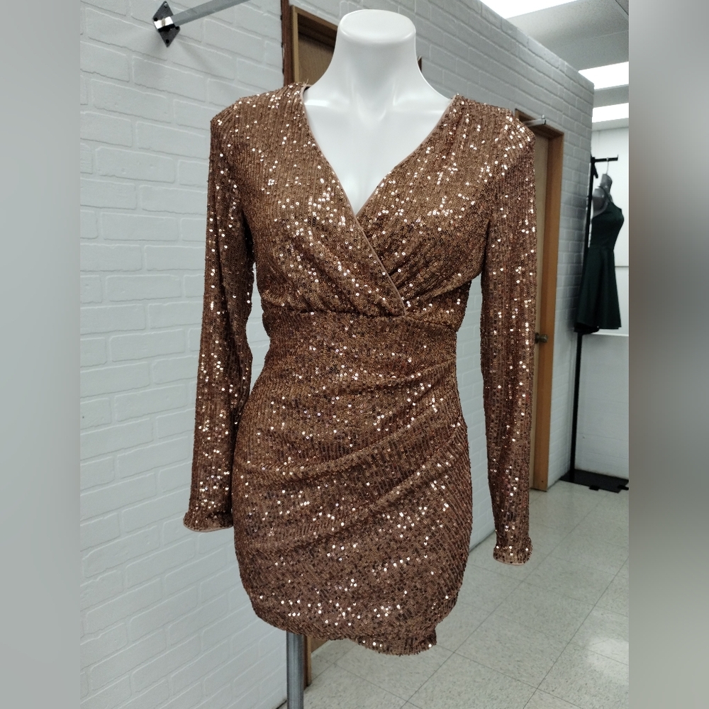 Sequin Wrap Dress in Bronze